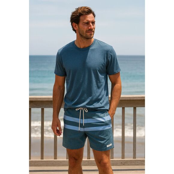 FAIR HARBOR Blue Gray White Stripe Swim Board Shorts    Mens Size 30 - Picture 1 of 6